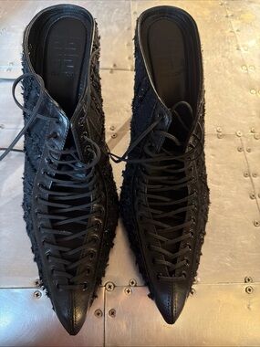 Givenchy Black Studded Lace Up Straps Stiletto Pumps Pointed Toe Leather US 7